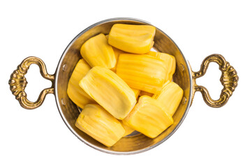 Sweet, golden jackfruit pods (bulbs) served in a traditional copper or brass bowl. Exotic tropical fruit, gourmet Indian style. © Mironov