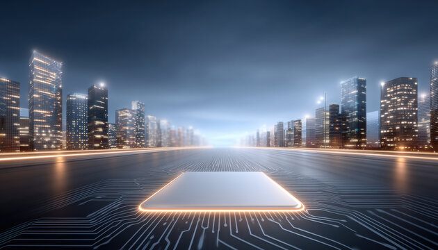 Industry smart city circuit board platform glowing chip in futuristic urban skyline