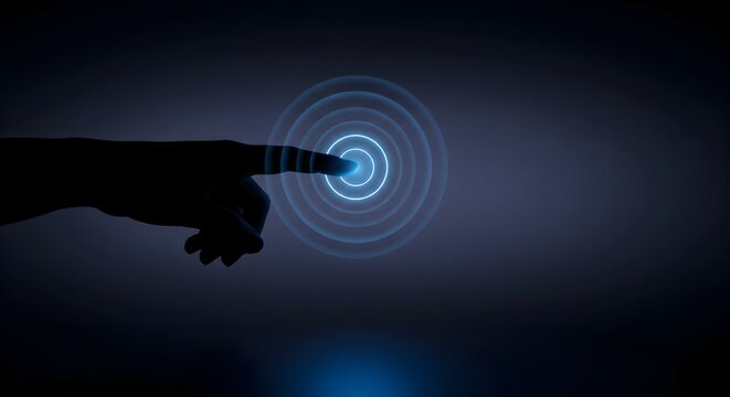 Hand silhouette touching glowing blue digital screen interface, symbolizing futuristic technology, data, connectivity, and interaction.