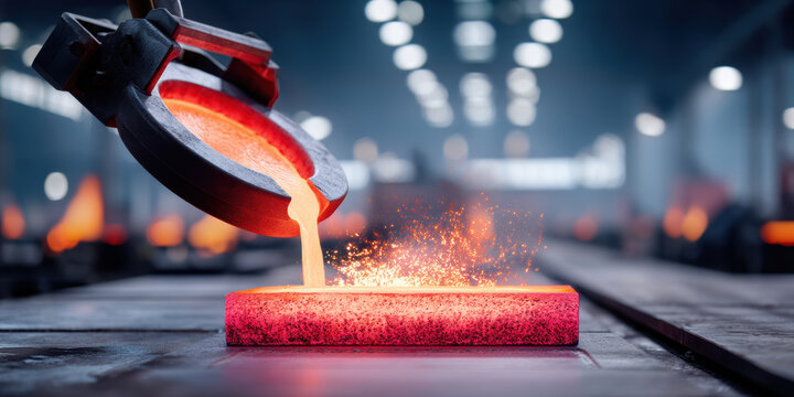 Molten metal pouring industrial foundry furnace glowing hot sparks workplace industry