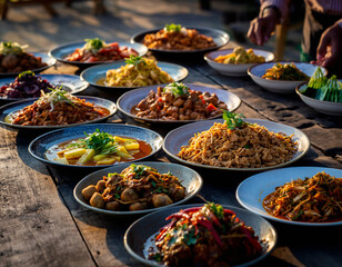 Obraz premium A long wooden table laden with an array of delicious and colorful dishes, showcasing a variety of cuisines and culinary delights