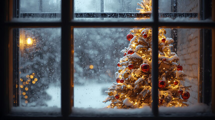 A warm and cozy winter holiday scene showing a snowy window with a decorative Christmas tree and sparkling ornaments. The soft lighting and frosty atmosphere create a joyful, festive mood perfect  