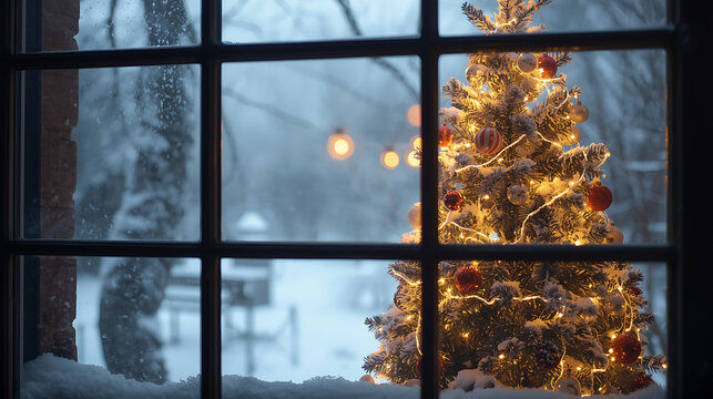 A warm and cozy winter holiday scene showing a snowy window with a decorative Christmas tree and sparkling ornaments. The soft lighting and frosty atmosphere create a joyful, festive mood perfect   - Powered by Adobe