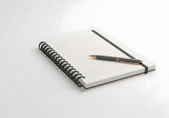 A minimalist studio shot of a blank spiral bound notebook with a pen resting on its open pages against a clean white background