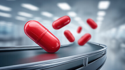 Red capsule on manufacturing conveyor with industry focus and dynamic motion