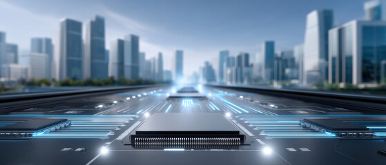 Industry smart city circuit board with glowing processor and urban skyline fusion