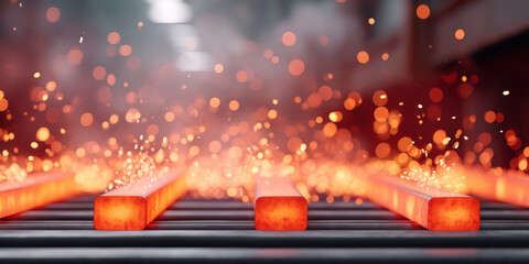 Red hot steel bar industry manufacturing furnace with sparks and heat