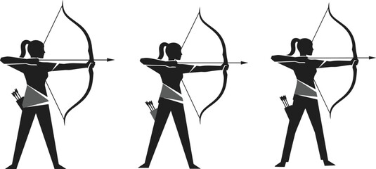 Archery silhouette vector, bow and arrow, shooting stance, quiver, athlete motion, black illustration, sport technique, dynamic pose, precision, training, focus © Ideasy Mind