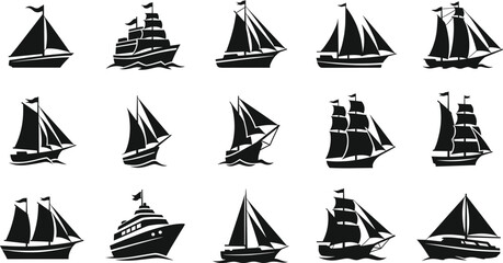 Boat and ship silhouette vector, sailboats, yachts, maritime vessels, black illustration, nautical design, sea transport, fleet icon, ocean craft, marine graphic © Ideasy Mind