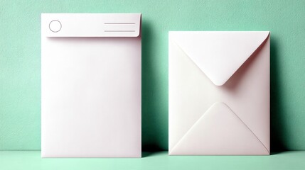 Two white envelopes are placed side-by-side on a light green surface, one standing upright and the other lying flat.