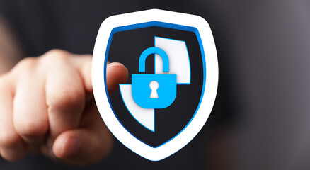 Obraz premium Concept of cybersecurity data protection with a shield, lock and finger pointing. Illustrates security, privacy, and online safety. P