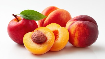 Fresh stone fruits display featuring ripe peaches and red apple with green leaf, one peach sliced open showing golden flesh and pit on white background