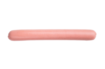 Four raw pink hot dog sausages (franks/wieners) isolated on a clean white background. Perfect for food ads, packaging, or recipe content.