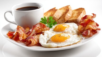 Traditional American breakfast plate with sunny side up eggs, crispy bacon strips, toasted bread slices and hot coffee in white cup