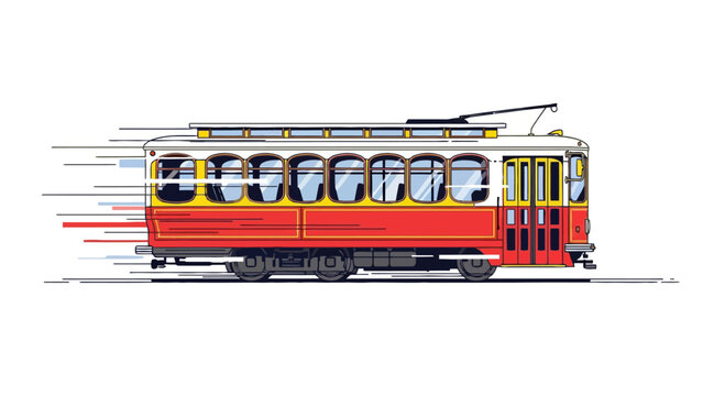 A red and yellow tram moving fast with motion blur
