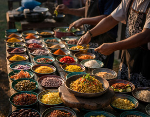 Obraz premium Colorful Assortment of Spices and Ingredients Laid Out for Culinary Preparation