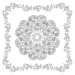 Flower in Floral square frame, monochrome outline stock vector illustration for web, for print, for adult coloring book, for children coloring page