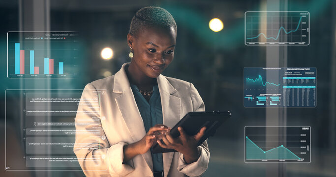 Night, business and black woman with tablet, overlay and charts with financial advisor. Evening, African person and investor in office, tech and graphs for wealth management, revenue data and app