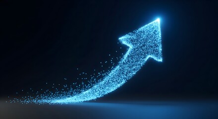 Abstract 3D render of a blue digital particle arrow pointing upwards, symbolizing technological advancement, progress, and financial growth.