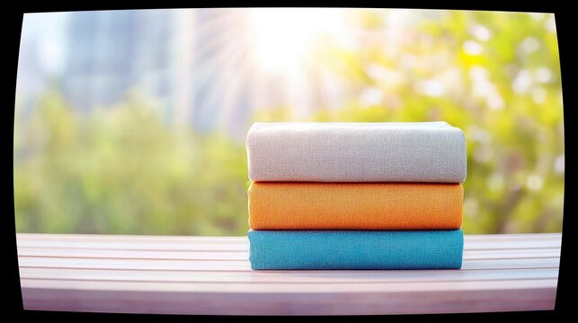 A stack of three hardcover books, one grey, one orange, and one blue, rests on a wooden surface outdoors.