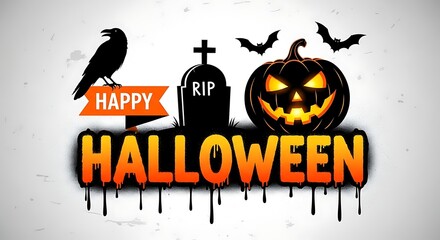 Happy halloween vector design with pumpkin, bats, grave, and raven for greeting card, invitation, poster, or banner
