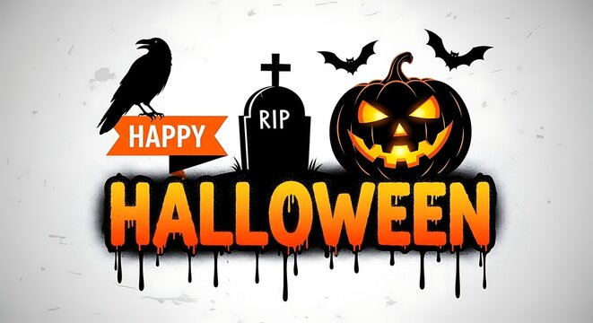 Happy halloween vector design with pumpkin, bats, grave, and raven for greeting card, invitation, poster, or banner
