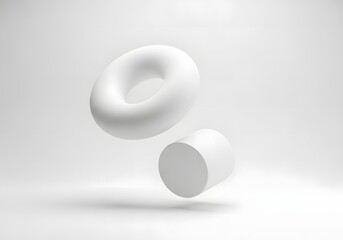 Abstract minimalist 3d render of two smooth white organic shapes floating in a clean bright studio environment with soft shadows