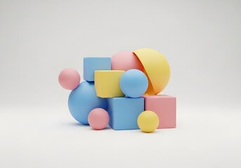 Abstract arrangement of colorful geometric shapes including spheres cylinders and cubes in pastel tones on a white background