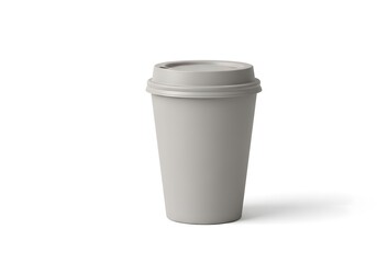 Minimalist light grey disposable coffee cup with a lid standing on a white background with soft shadow