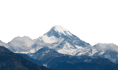 Panoramic view of the snowy alpine peak and glacier landscape in Mount Cook National Park, a high mountain vista of ice and rock