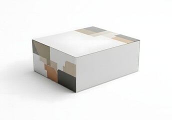 A minimalist cube with abstract geometric color blocks on its sides isolated on a clean white background representing modern design and organization