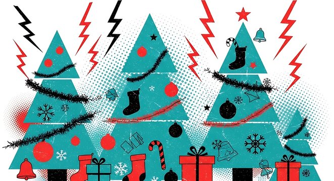 Stylized christmas trees in teal with festive decorations like baubles, stockings, candy cane, and gifts, set against a background with lightning bolts and halftone dots, representing a quirky holiday