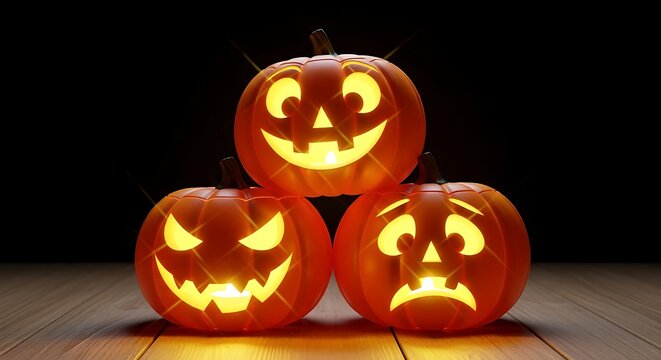 A stack of three glowing jackolanterns with different facial expressions sitting on a wooden surface against a black background for halloween