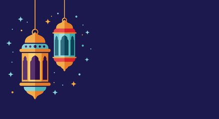 A vibrant illustration of hanging Islamic lanterns against a starry night sky, perfect for Ramadan and Eid celebrations