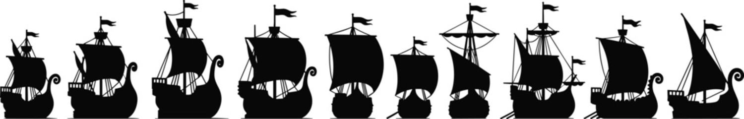 Historic sailing ship silhouettes, vintage vessels, maritime icons, tall ships, sea travel, rigging, sails, flags, naval fleet, nautical vector illustration © Ideasy Mind