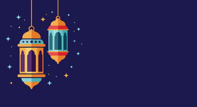 A vibrant illustration of hanging Islamic lanterns against a starry night sky, perfect for Ramadan and Eid celebrations