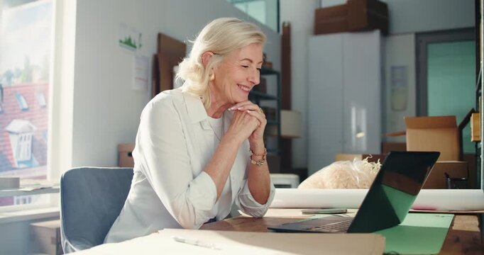 Thinking, shipping and laptop with woman in warehouse for delivery confirmation, inventory and vision. Ecommerce checklist, online order and reflection with mature person as entrepreneur for schedule