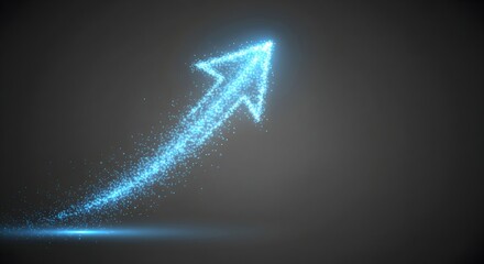 Glowing blue particle arrow moving upwards on a dark background, symbolizing business growth, future success, and technological advancement.