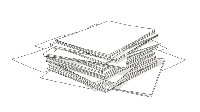 A stack of blank white papers scattered on a white background