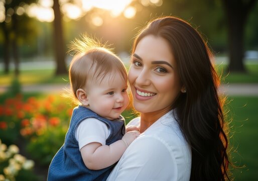 Happy mother and baby enjoying a sunny day in the park