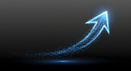 Rising trend arrow made of blue glowing particles representing financial success, growth, data transfer, and futuristic technology