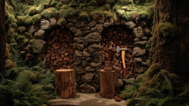 Woodland scene featuring stone wall with wood storage, moss, fern, tree stumps and an axe
