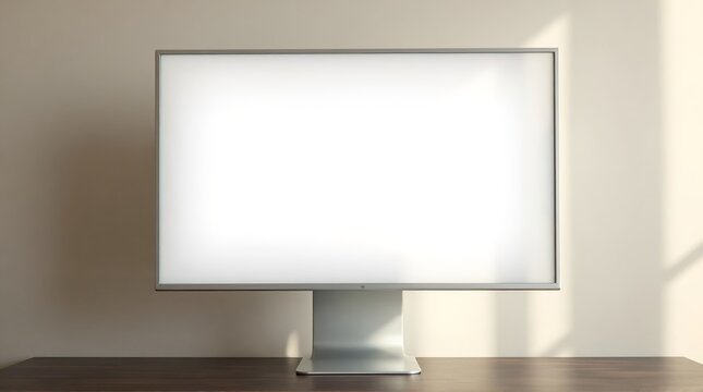 A modern computer monitor with a blank white screen sits on a dark wooden desk in a softly lit room, casting subtle shadows