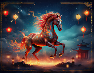 Enchanting celestial steed with a blazing mane, evoking the spirit of prosperity and power in a vibrant traditional Chinese festival scene, illuminated by festive lanterns