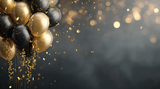 Black and gold balloons with falling confetti and bokeh lights celebration