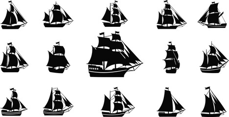 Sailing ship silhouette vector, vintage vessels, maritime transport, black illustration, nautical design, sea travel, historic sailboats, fleet icon, ocean craft, marine graphic © Ideasy Mind