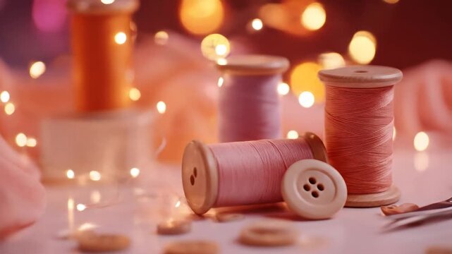 Close-up of sewing supplies spools of thread, a button, and soft fabric with bokeh lights