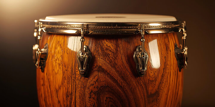 Close-Up of Conga Drum with Warm Wood Grain and Chrome Hardware