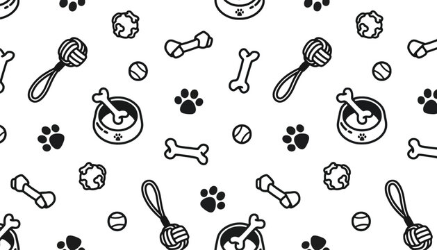 Seamless dog pattern background with bone paw and toy illustration