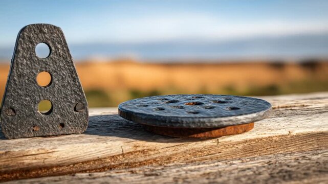 Two weathered metal objects on wood with blurred background of sky and autumn hues